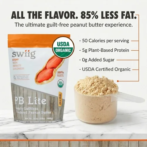 Vista 3 de swiig PB Lite 2lb – Bajo en calorías, 0.18 oz de proteína, sin azúcar añadido – Mezcla en batidos de proteínas y batidos – Bajo en carbohidratos