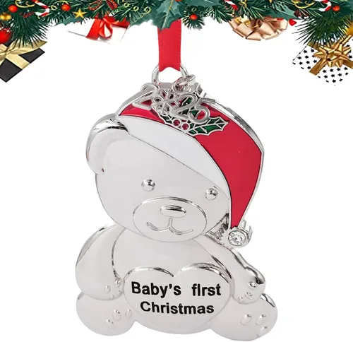 Vista 9 de Adorno de Navidad para bebé 2024, adornos de Navidad personalizados, oso de peluche de metal con gorra de Navidad roja, adorno colgante para árbol
