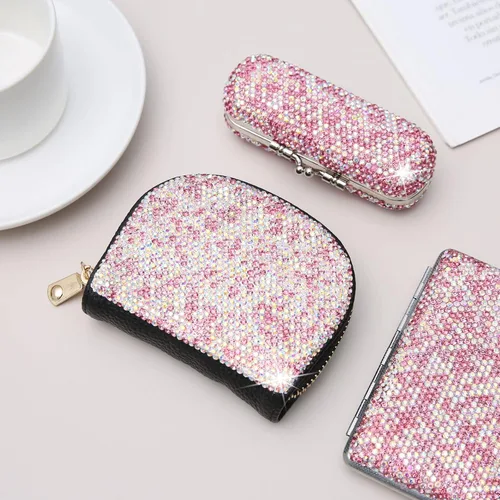 Vista 12 de AsAlways RFID Rhinestone titular de la tarjeta de crédito semicírculo multicapa cremallera caso Bling Crystal Slim pequeña cartera para mujeres