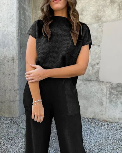 Vista 5 de RIVSAK Conjunto de dos piezas de suéter para mujer, conjunto de pantalones de suéter para mujer, conjuntos de descanso, tops de punto y pantalones