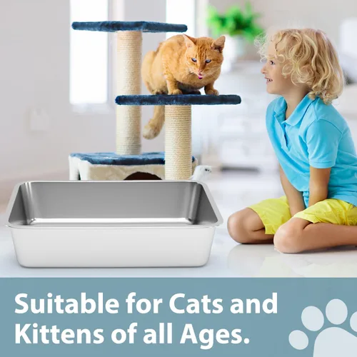Vista 6 de WENBOKMIN Caja de Arena de Acero Inoxidable para Gatos - Caja de Arena para Gatos - Fácil de Limpiar, Nunca Absorbe Olores, Manchas o Óxido