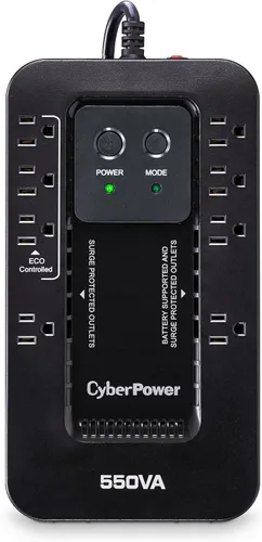Vista 7 de CyberPower EC450G Sistema UPS ecológico de respaldo y protector de sobretensiones, 450VA/260W, 8 tomas, modo ECO, fuente de alimentación
