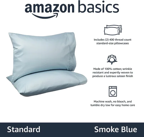 Vista 2 de Amazon Basics Juego de 2 fundas de almohada de 400 hilos, 100 % algodón, suaves, tejido satinado, resistentes a las arrugas, tamaño estándar, 20 x