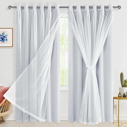 Vista 91 de Hiasan Cortinas opacas con superposición transparente, aislamiento térmico para mezclar y combinar de doble capa, cortinas de oscurecimiento de Beige