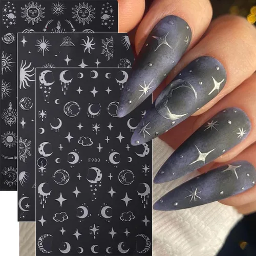 Vista 2 de 8 hojas de calcomanías metálicas para arte de uñas, luna plateada, estrella, sol, calcomanías de uñas de serpiente, calcomanías 3D autoadhesivas