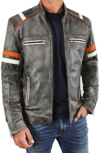 Vista 2 de Black Leather Jacket Men - Black Real Lambskin Mens Motorcycle Jacket