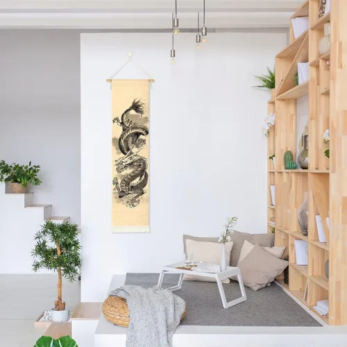 Vista 5 de Póster colgante de lienzo para pared, pintura de dragón chino, tinta y acuarela, tapiz de pared con efecto mitológico con 2 borlas y barra colgante