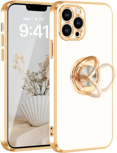 Vista 8 de Fingic - Funda para iPhone 13 Pro Max con soporte giratorio de 360° Shiny Gold Edge Slim Soft TPU Shockproof Protective Phone Case for Women Men