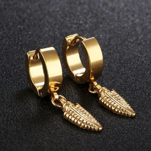 Vista 2 de Pendientes colgantes de acero inoxidable con diseño de hojas de oro y plata y negro