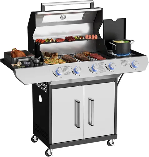 Vista 10 de Parrilla de gas propano, parrilla de barbacoa de acero inoxidable 4+1 con quemador lateral infrarrojo para cocinar al aire libre, color negro