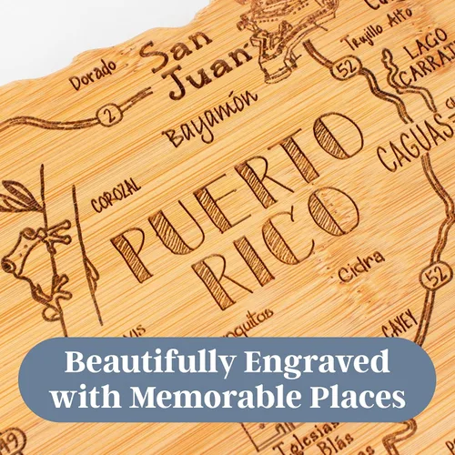 Vista 3 de Totally Bamboo Destination Puerto Rico - Tabla para servir y cortar con forma de Puerto Rico, incluye corbata para colgar en la pared