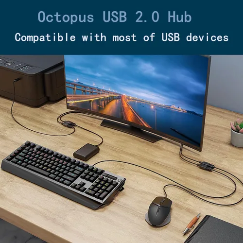 Vista 5 de Octopus USB 2.0 Hub Divisor de 4 puertos, cable extendido de 2.6 pies, amplia compatibilidad con Windows PC/Mac/impresoras/HDD móviles, expansor