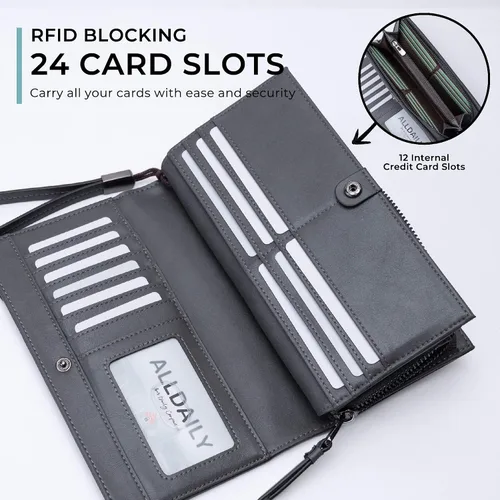 Vista 4 de Alldialy RFID 24 - Cartera para tarjetas de crédito, cartera de pulsera de gran capacidad para mujer con cremallera, Gris