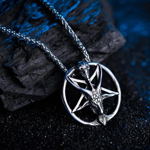 Vista 3 de Collar satánico, cabeza de cabra invertida, pentagrama invertido, pentáculo de acero inoxidable, collar de baphomet, cadena colgante, regalo
