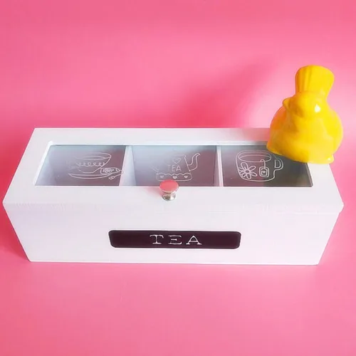 Vista 4 de Wood Tea Box with Top, Three-compartment Organizer