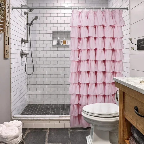 Vista 4 de Volens - Cortina de baño de tela con volantes, estilo rústico de granja, color rosa, para baño, 72" x 72