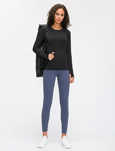 Vista 7 de Camiseta sin costuras para mujer, de manga larga, perfecta para yoga, gimnasio, para deportes y fitness, ajuste entallado