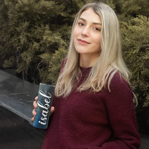 Vista 4 de Vaso delgado personalizado con tapa a prueba de fugas, 20 onzas, diferentes opciones de fondo y fuente, vaso personalizado con nombre, regalos