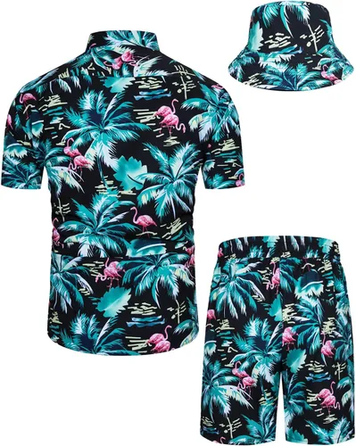 Vista 97 de TUNEVUSE Conjunto de camisas y pantalones cortos hawaianos para hombre, 2 piezas, trajes de playa con estampado de flores, traje tropical de verano