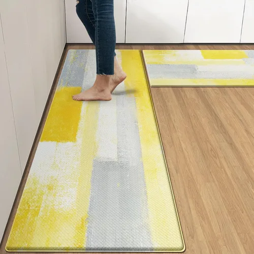Vista 12 de Arttown Juego de 2 alfombras de cocina antifatiga con pintura marrón y gris, color beige, contemporánea, abstracta, acolchada, impermeable