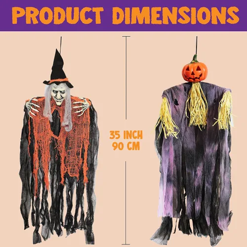 Vista 5 de JOYIN Paquete de 3 fantasmas colgantes de 35 pulgadas, decoración de calabaza para colgar de Halloween, decoración de Halloween al aire libre