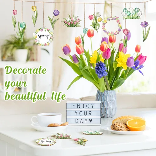Vista 6 de Wenqik 36 adornos de primavera para árbol, flor de primavera, tulipán, decoraciones de bosque, decoraciones de árbol de Pascua, letrero colgante