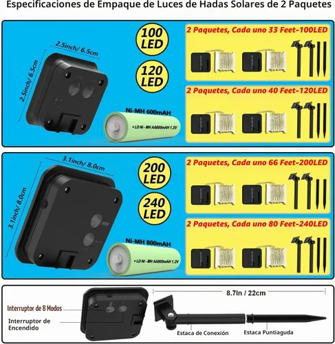 Vista 2 de Guirnalda de luces LED con energía solar actualizada, 8 modos, resistente al agua, IP65, iluminación intermitente, para interior y exterior Blanco