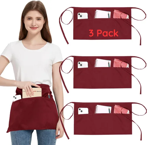 Vista 19 de Paquete de 3 delantales de cintura con 3 bolsillos, delantales de camarero unisex negros, delantales resistentes al agua para restaurante, chef y bar