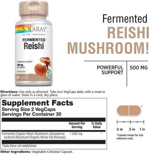 Vista 3 de SOLARAY Setas Reishi Fermentadas 500mg Apoyo para la Salud del Sistema Inmunológico, del Corazón y del Cerebro Suplemento para la Energía