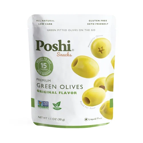 Vista 13 de Poshi Olives + Veggies Variedad de aceitunas enteras sin hueso de 4 sabores Poshi 4 sabores Vegano, Kosher, sin gluten + Snacks saludables