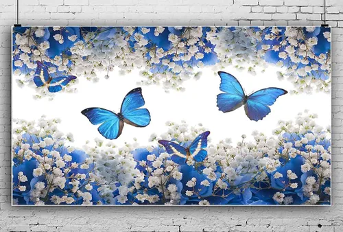 Vista 6 de BJXTGU168 - Telón de fondo de mariposas para cumpleaños, flores azules de gypsophila, telón de fondo de fotos para decoraciones de fiestas temáticas