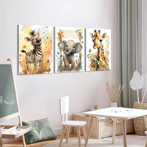 Vista 4 de Juego de 3 Arte de Pared de Animales del Bosque, Lienzo de Decoración de Pared con Imágenes de Animales Salvajes para Guardería, Lindo Póster