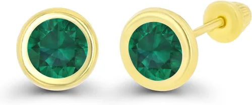 Vista 2 de Aretes de tuerca de oro macizo hipoalergénico de 14 quilates, solitario redondo de 5 mm con piedra de nacimiento en bisel