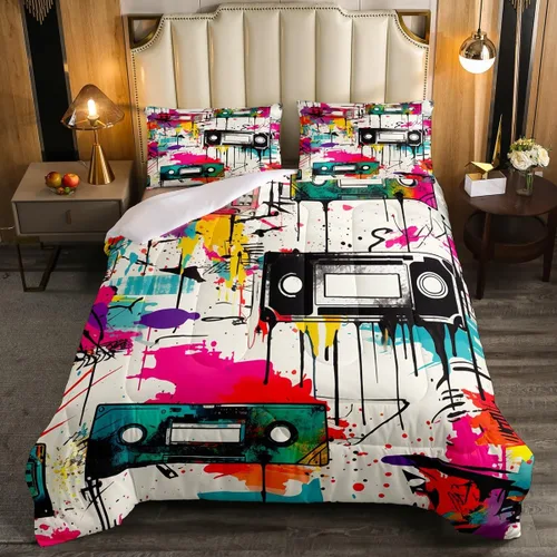 Vista 9 de Juego de edredón de cine tamaño individual, ropa de cama vintage de cine para niños, niñas y adultos, juego de edredón de palomitas de maíz
