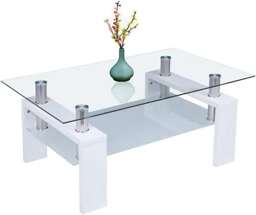 Vista 12 de Mesa de centro rectangular de cristal, moderna mesa de centro lateral con estante inferior, patas de madera para muebles de sala de estar (negro)