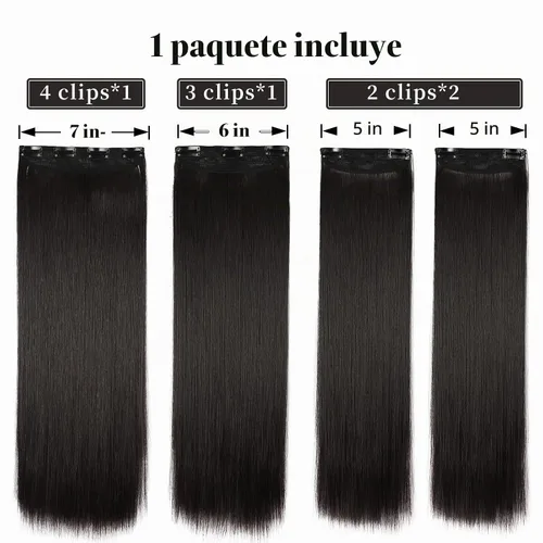 Vista 3 de Extensiones de cabello liso negro natural, extensiones de cabello con clip, extensiones de cabello suave para mujer, 20 pulgadas, extensiones de 2#