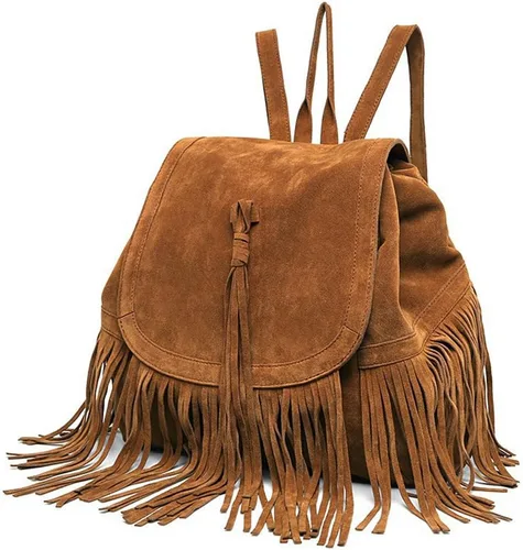 Vista 2 de Mochila para mujer, bolso de hombro con flecos y borlas, de piel sintética, bolso de viaje de moda