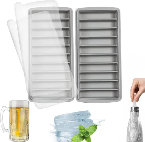 Vista 7 de LessMo 2 bandejas para cubitos de hielo, bandeja larga para palitos de hielo de silicona con tapa, palo estrecho rectangular, reutilizable, Azul