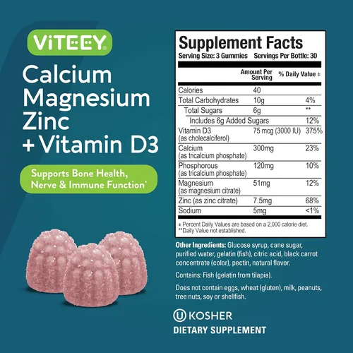 Vista 4 de Viteey - Gomitas de calcio y magnesio y zinc con vitamina D3 Supports Bone Health, Nerve & Immune Function - for Adults & Teens - GMO Free - 90