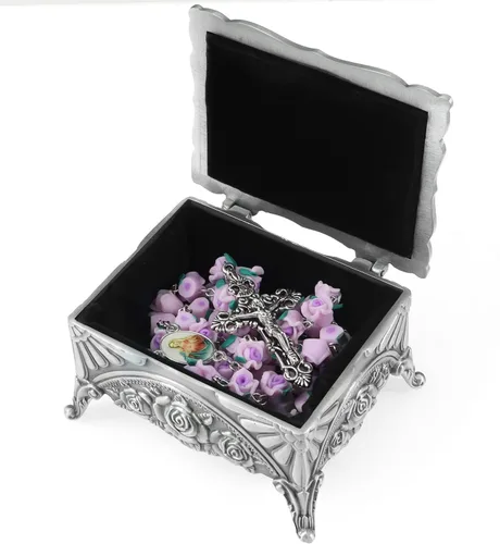 Vista 3 de WHLHMK Rosario católico con caja de joyería de rosas, collar de rosario de arcilla polimérica con caja de joyería de metal vintage, regalos