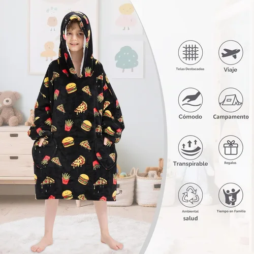 Vista 3 de Fiosnow Manta con capucha de pizza y papas fritas para niños de 6 a 13 años, manta de gran tamaño para niños, niñas y adolescentes Pizza negra