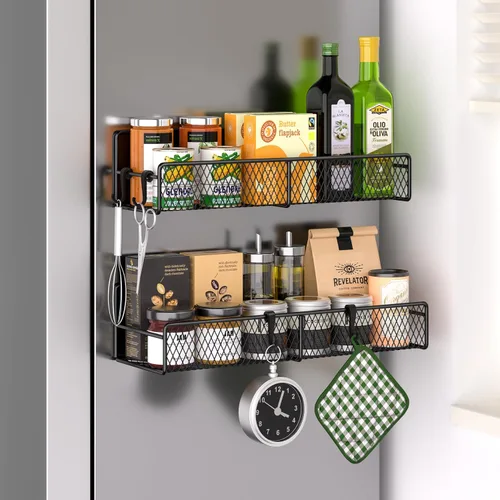Vista 13 de Estante magnético para especias para refrigerador, paquete de 7 estantes magnéticos fuertes 100% de metal, organizador de especias con soporte