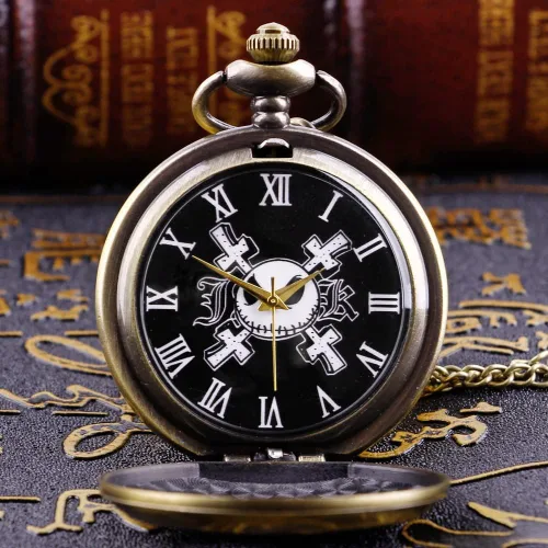 Vista 3 de Realpoo Reloj de bolsillo de Tim Burton's Nightmare Before Christmas con números arábigos, cadena de reloj de bolsillo de cuarzo para hombres