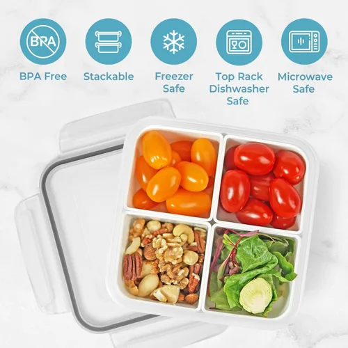 Vista 2 de Recipientes de comida con 4 compartimentos, cuadrados, 4.6 tazas (37.2 fl oz), paquete de 2 Compartimentos extraíbles, tapas herméticas