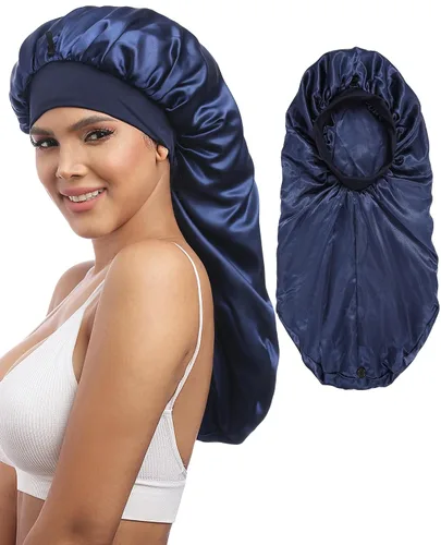 Vista 8 de AWAYTR Gorro largo de satén para mujer, gorro de seda de 2 capas para trenzas, gorro de dormir elástico con gorro de noche de banda ancha (negro)