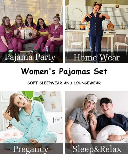 Vista 4 de SWOMOG conjunto de pijama de dos piezas para mujer, ropa de dormir de manga corta, con botones, pantalones largos