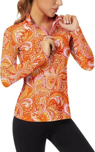 Vista 17 de WOWENY - Camiseta de manga larga con cremallera de 1/4 para mujer, con cuello, para hacer deporte, con estampado, para tenis Hoja multicolor.