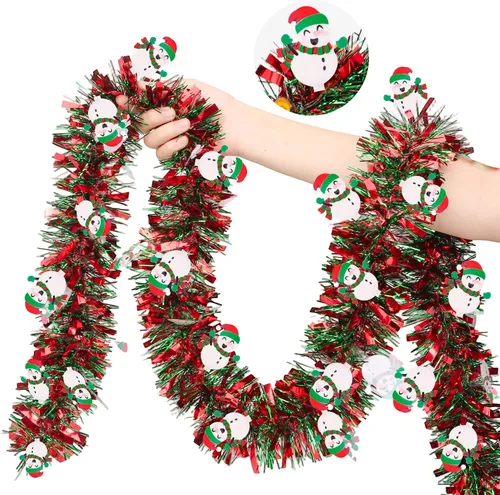 Vista 12 de Guirnalda de Navidad de 50 pies de rojo y verde con adornos de hombre de jengibre, guirnalda metálica gruesa y brillante para árbol, chimenea