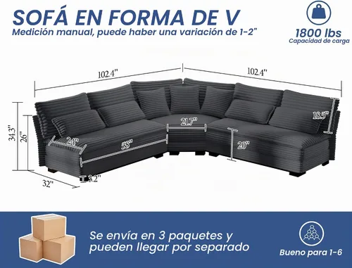 Vista 2 de Sofá modular de 5 plazas, sofá esquinero en forma de L de 102 pulgadas, sofá de pana de gran tamaño con cojines de 2 capas para sala de estar gris