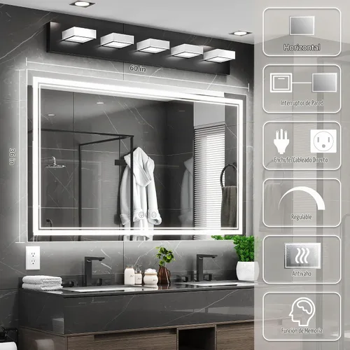 Vista 3 de Ratsamee - Espejo de baño LED de 60 x 36 con luces, retroiluminado+frontal iluminado, antivaho Blanco neutro (frontlit+retroiluminado)